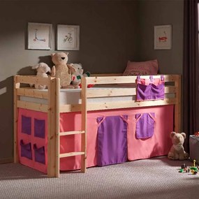 Conjunto Cama alta de Criança PINO 90 x 200 cm + estrado + escada + cortina Bella Natural