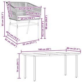 Conjunto jantar jardim 5 peças almofadas vidro vime cinzento PE