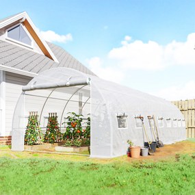 Estufa de jardim tipo túnel, 24 m², 8 x 3 x 2 m – 16 janelas, porta com fecho de correr enrolável em aço galvanizado, lona de PE, branca