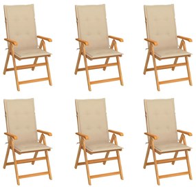 Cadeiras de jardim c/ almofadões beges 6 pcs teca maciça