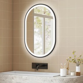 Espelho de Casa de Banho com Luz 60x90 cm Espelho de Parede Oval 3 Cores de Luz Brilho Regulável Função Antiembaçiamento Memória Preto