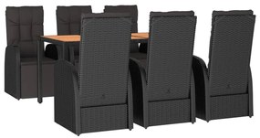 7 pcs conjunto de jantar p/ jardim vime PE/acácia maciça preto