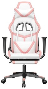 Cadeira gaming com apoio p/ pés couro artificial branco e rosa