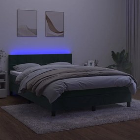 Cama box spring c/ colchão/LED 140x190 cm veludo verde-escuro