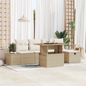 Conjunto de Sofá de Jardim 6 Peças com Almofadas Bege Rattan Sintético