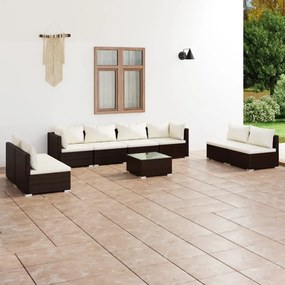 vidaXL 9 pcs conjunto lounge jardim c/ almofadões vime PE castanho