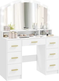 Toucador maquilhagem com 10 Luzes LED de 3 Cores  110x40x150 cm com Espelho 7 Gavetas 3 Compartimentos Moderno Branco