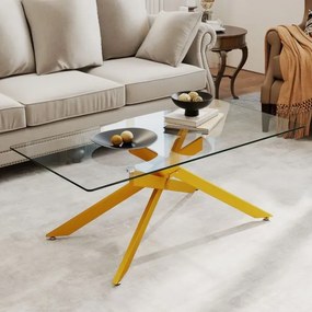 Mesa de centro 120 x 60 x 45,5 cm retangular com tampo de vidro e pernas tubulares modernas para sala de estar transparente e dourada