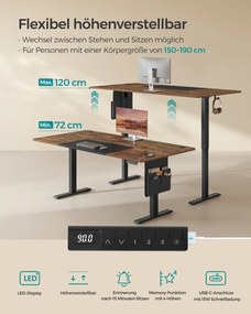Secretária com altura ajustável eletricamente 180 x 80 x (72-120) cm castanho vintage-preto