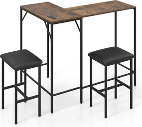 Conjunto de Mesa de Bar e 2 Cadeiras, 120 x 80 x 98 cm, Estação de Carregamento Integrada, Castanho