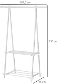 Suporte para Cabide Dobrável com 2 Prateleiras e 2 Barras para Pendurar Roupas para Sala Quarto Entrada 107,5x45x150 cm Branco