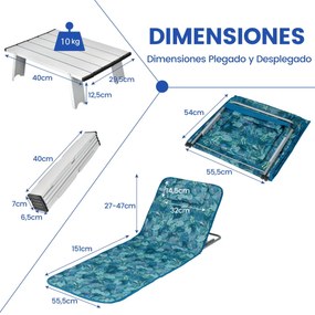 Conjunto de 2 espreguiçadeiras de praia dobráveis Tapetes de praia com mesa portáteis para a praia, jardim, campismo Verde