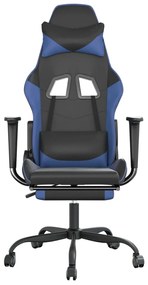 Cadeira gaming c/ apoio para pés couro artificial preto e azul