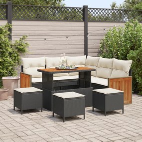 Conjunto de Sofá de Jardim 9 Peças com Almofadas Preto Rattan Poliéster Acácia