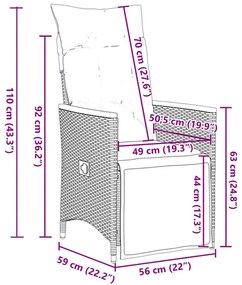 Cadeiras jardim reclináveis 2 pcs c/ almofadões vime PE cinza