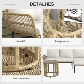 Conjunto de Móveis de Jardim em Vime com Sofá de 2 Lugares Chaise Longue Almofadas e Mesa Auxiliar Creme e Madeira