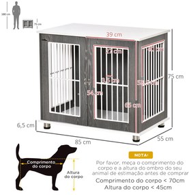 Gaiola para Cães de Madeira Mesa Auxiliar com Bancada de Armazenamento 2 Portas com Fechadura 85x55x75cm Cinza