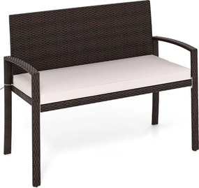Banco jardim de vime para 2 pessoas 10 x 56 x 84 cm com almofada acolchoada, assento macio, encosto e apoios para os braços - castanho e brancoi