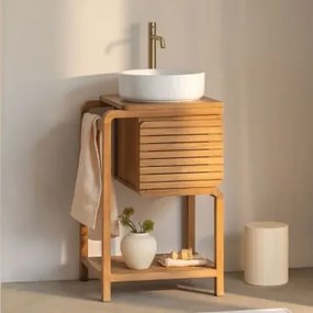 Conjunto De Móveis De Banheiro Em Madeira De Teca Bradley Cerâmica Redonda Branca Ø40 Cm Lenka & Sem Espelho & Dourado - Sklum