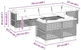 7 pcs conjunto de sofás p/ jardim c/ almofadões vime PE preto