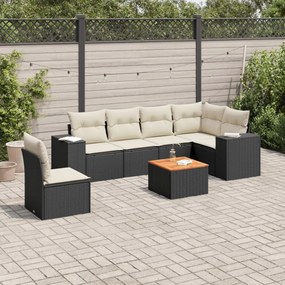 7 pcs conjunto de sofás p/ jardim c/ almofadões vime PE preto