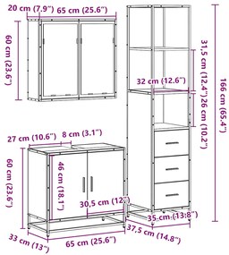 3 pcs Conjunto móveis casa de banho madeira proc. cinza sonoma