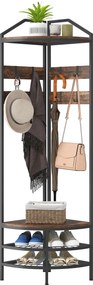 Móvel de entrada de canto 47 L x 47 P x 180 A cm, com 4 níveis, espaço para guardar sapatos, 8 ganchos amovíveis, 2 prateleiras, castanho rústico