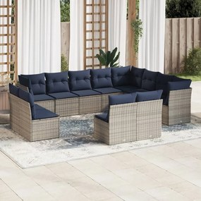 vidaXL 12 pcs conjunto sofás p/ jardim c/ almofadões vime PE cinzento