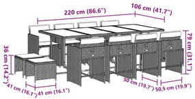 13 pcs conjunto jantar p/ jardim c/ almofadões vime PE cinzento