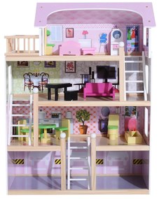 HOMCOM Casa de Bonecas com Móveis e 4 Andares Casa de Bonecas com 13 Acessórios Brinquedo de Imitação 60,5x30x80,5cm Rosa | Aosom Portugal