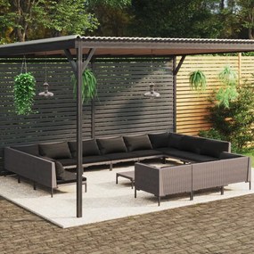 vidaXL 14 pcs conj. lounge jardim c/ almofadões vime PE cinza-escuro