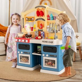 Cozinha de Brincar de 69 peças para crianças com mais de 3 anos, com efeitos de vapor e água a ferver, lava-loiças e utensílios de cozinha Azul
