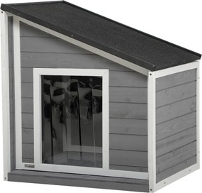 PawHut Casinha em madeira maciça, resistente às intempéries, telhado de betume, 71 cm x 58 cm x 77 cm, Cinza + Branco | Aosom Portugal