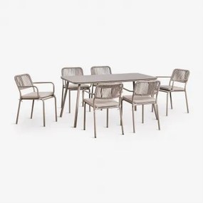 Conjunto De Mesa Retangular 160x90 Cm E 6 Cadeiras De Jardim Empilháveis Em Corda Trançada Arhiza Moka Brown - Sklum