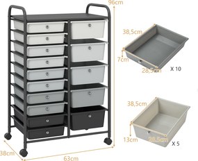 Carrinho de Armazenamento com 15 Gavetas, 63 x 38 x 96 cm, Rodas com Travão, Preto