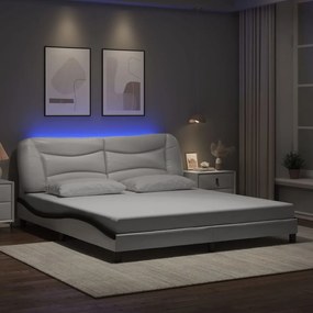 Estrutura cama c/ luzes LED 180x200cm couro artif. branco/preto