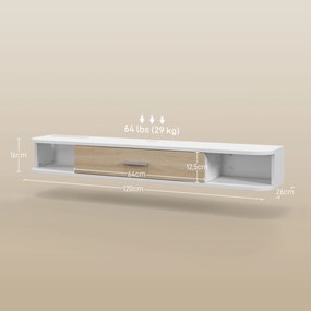Móvel de TV de parede 120 L x 26 P x 16 A cm, para ecrãs até 50 polegadas, com compartimentos abertos e armário com porta rebatível, branco