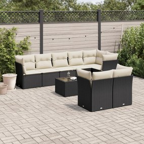 9 pcs conjunto de sofás p/ jardim c/ almofadões vime PE preto
