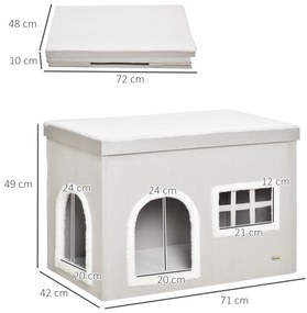 Casa Dobrável para Gatos Caverna para Gatos com Almofadas de Pelúcia Suave Tampa Removível 2 Entradas e Janela 71x42x49cm Cinza Claro
