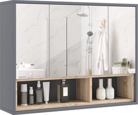 Móvel de casa de banho parede com espelho 80 x 20 x 60 cm, com 3 portas e 8 compartimentos, cinzento