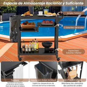 Carrinho de churrasco para exterior com 3 Estantes com 4 rodas e tábua de metal 111 x 50,5 x 93 cm Preto