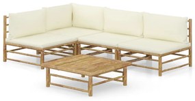 vidaXL 5 pcs conj. lounge p/ jardim em bambu c/ almofadões branco nata