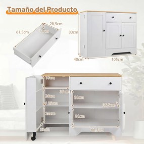 Aparador de Cozinha com Porta de Correr, 105 x 40 x 83 cm, Grande Capacidade de Arrumação, Branco