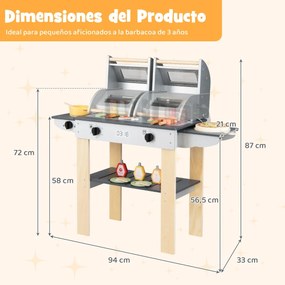 Conjunto de churrasqueira de madeira para crianças 94 x 33 x 87 cm com diversos utensílios e alimentos, 2 grelhas e tampas dobráveis, cinzento escuro