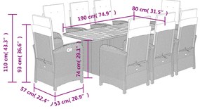 9 pcs conjunto de jantar p/ jardim c/ almofadões vime PE preto
