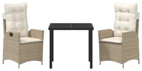 Conjunto de jantar de jardim de 3 peças com almofadas bege em rattan s
