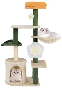 Árvore para gatos de madeira de 135 cm com plataforma de assento de pelúcia e bola branca