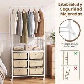 Guarda roupa aberto, 63 x 38 x 152 cm, 6 Gavetas e Rodas com Travão, Branco