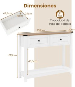 Mesa consola 106 x 30 x 81,5 cm com 2 gavetas e prateleira aberta, estreita, para hall de entrada, corredor ou sala de estar, branca