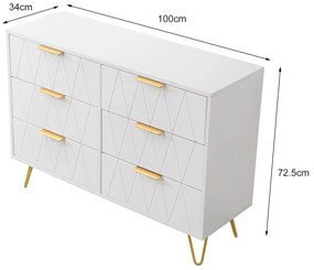 Cómoda com 6 Gavetas – Faro – 100x34x58 cm – Branco e Dourado - Design